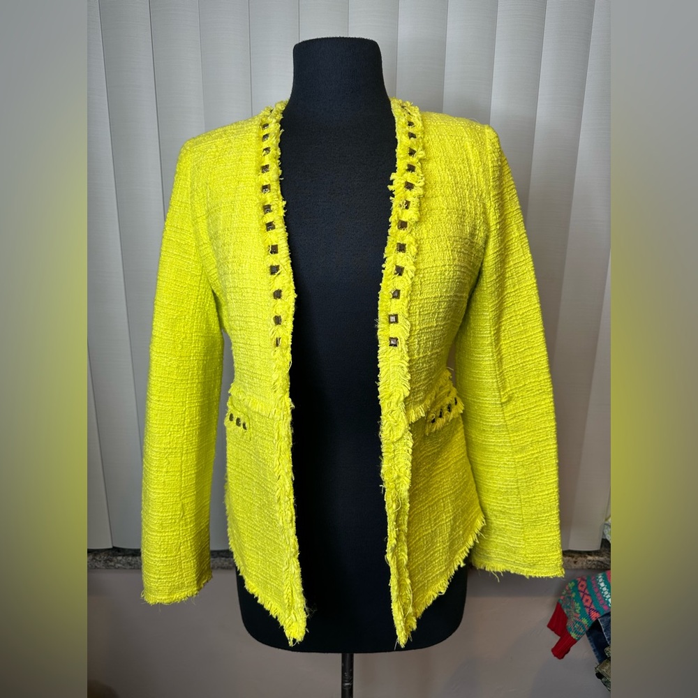 Boston Proper studded Monte Carlo boucle blazer jacket lemon yellow Size 4